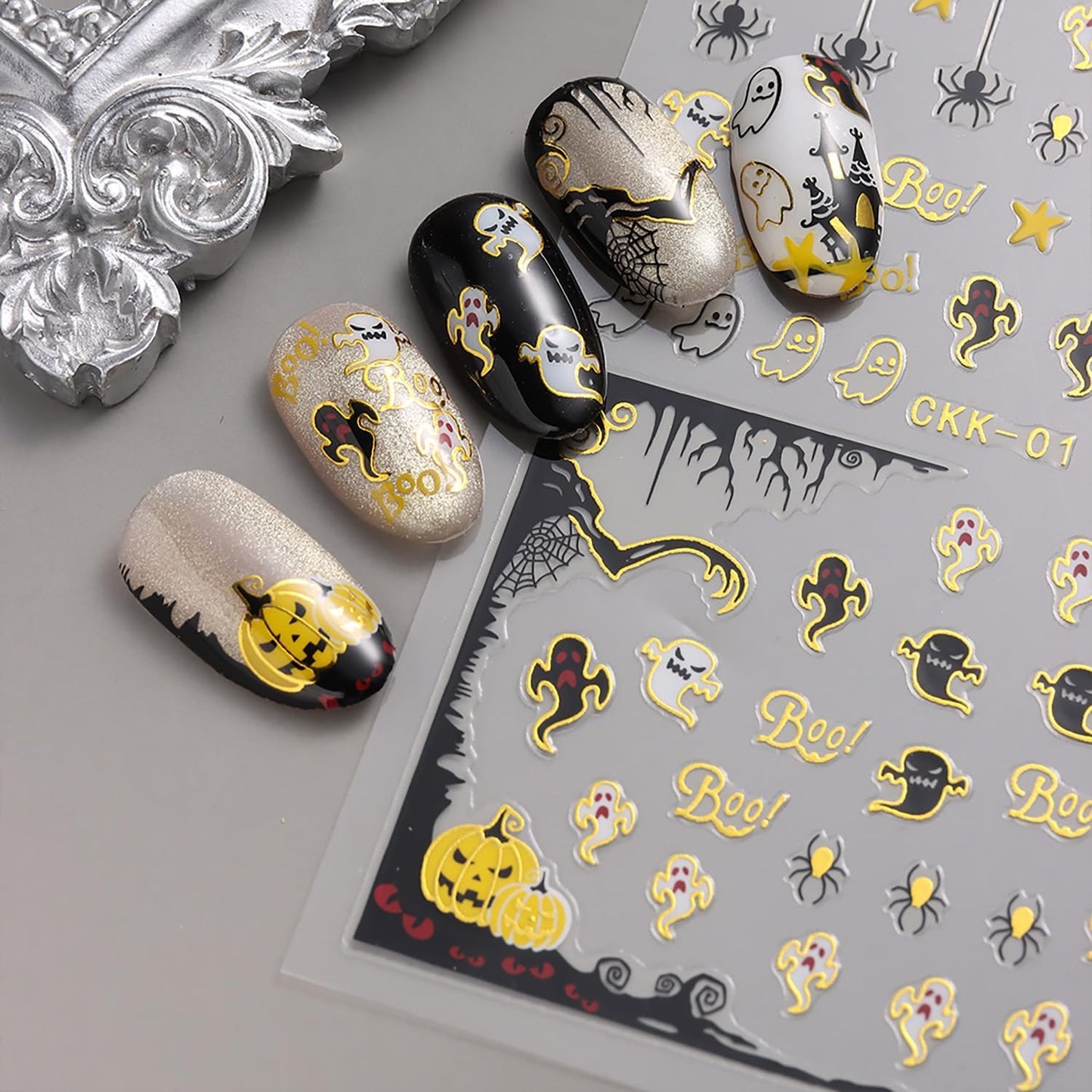 Metal Halloween Nail Art Stickers Gold Spider Web Black Bat Witch Cobweb Ghost Nail Design Supplies Charms Self-Adhesive Spooky Holiday Nail Decorations Nail Art for Women DIY Manicure Accessories