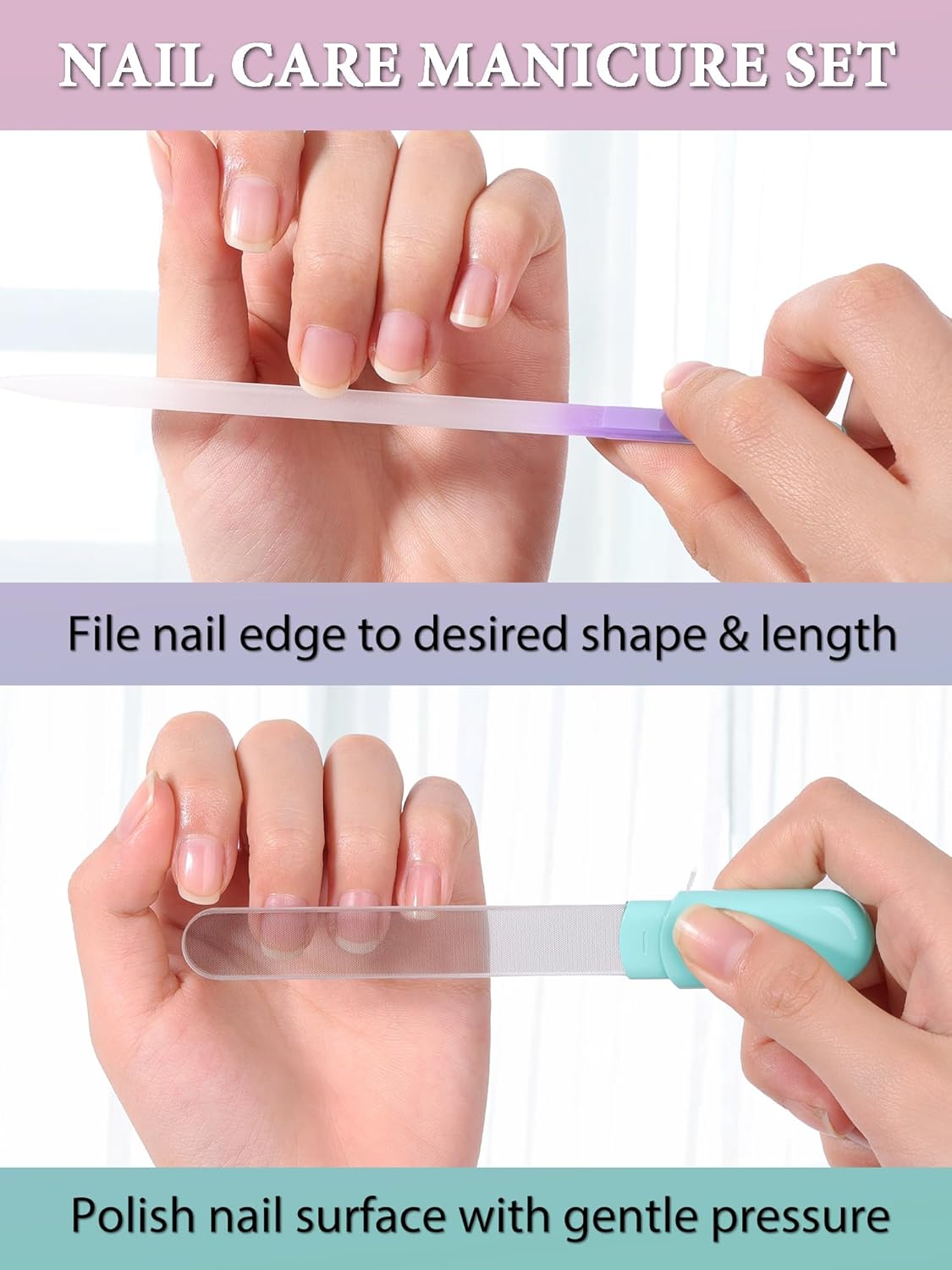 Glass Nail File and Buffer with Case, Crystal Fingernail Files for Natural Nails Care Glass Nail Shiner Nano Polisher for Travel Home Salon Nail Filer Stocking Stuffers for Women Girl Wife Gifts- Cyan