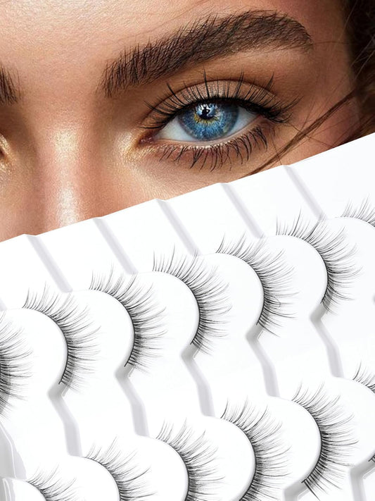 Natural Lashes Anime Eyelashes Wispy 12MM Strip Lashes Thin Band Manhua Eyelashes 3D Volume False Eyelashes 7 Pair Mink Lashes Korean Eye Lashes Pack Siligli