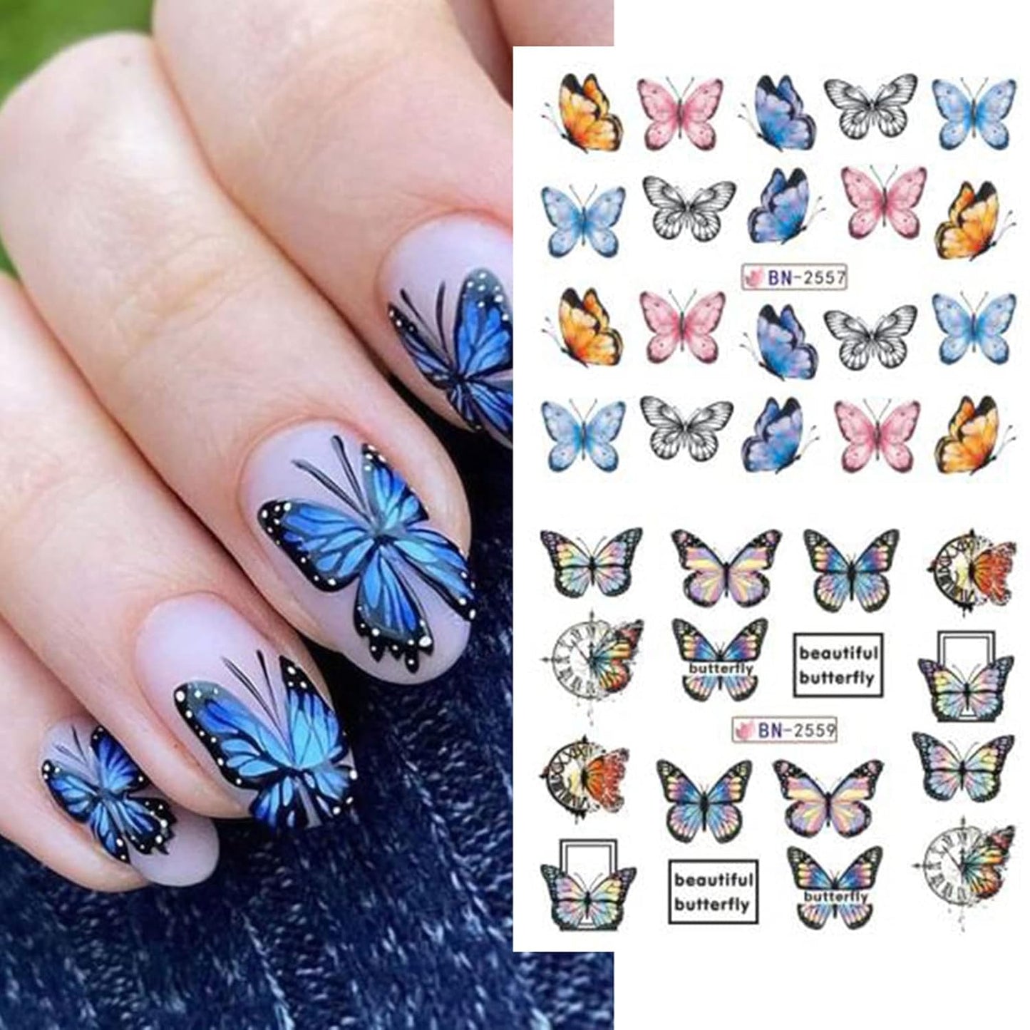 Butterfly Nail Art Sticker Colorful Butterfly Water Transfer Nail Stickers Decal Summer Nail Art Supplies for Acrylic Nail DIY Decoration Manicure Tip 12 Sheets