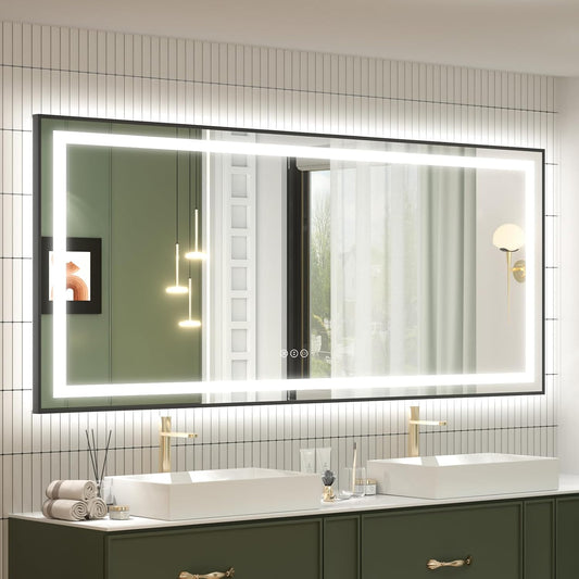 OKPAL 72x36 LED Bathroom Mirror, Lighted Bathroom Mirrors with Black Frame, Large Lighted Vanity Mirror, Dimmable, Anti-Fog, Memory, Shatterproof, Front and Backlit