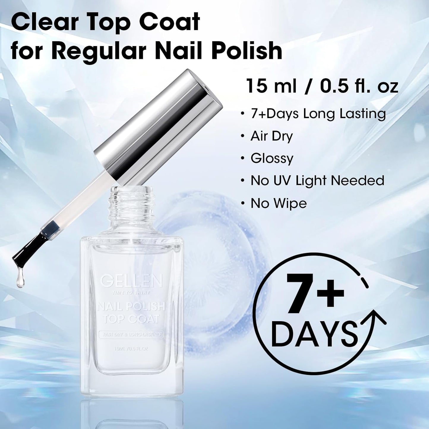 GELLEN Clear Nail Polish Top Coat, Shine Glossy Regular Nail Polish, Calcium Formula Strengthens Nails, Quick Air Dry, No Wipe, Long Lasting, Chip Resistant, Not UV Gel, Hema Free, Non-toxic, 15ml