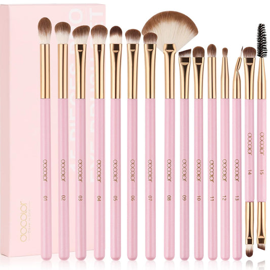 Docolor Eye Makeup Brushes 15Pcs Eyeshadow Brush Set with Soft Synthetic Hairs Professional Eye Shadow Blending Concealer Eyebrow Eyelash Eye Liners Premium Eye Make Up Brushes Set (Pink)