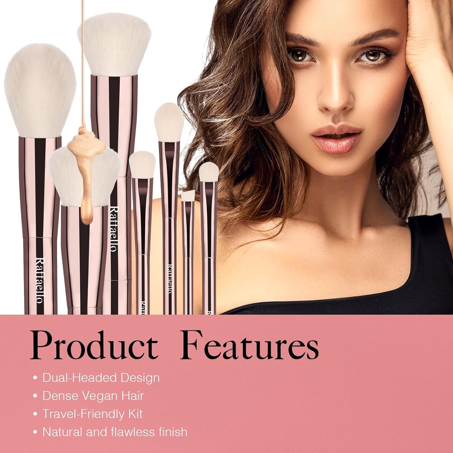 Raffaello 6-in-12 Dual-Ended Makeup Brushes Set, Sustainable Rose Gold Brushes with Recycled Materials, Includes White Faux Leather Pouch, Professional Face & Eye Makeup Kit for Travel and Daily Use