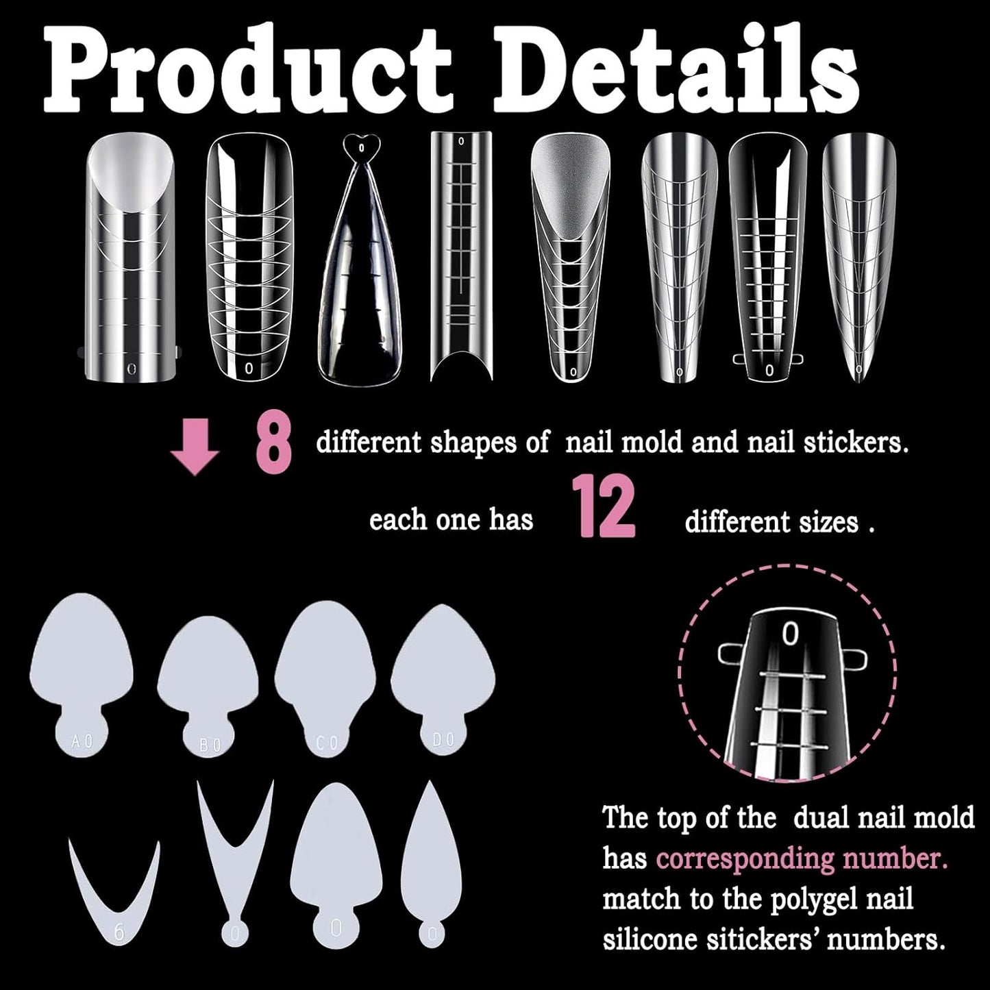 Allstarry 384pcs Nail Dual Forms, Silicone French Nail Forms for Poly Gel Nail Gel Extension Full Cover Acrylic Nail Tips 8 tpye nail form and Silicone Reusable Stickers for Manicure Extension