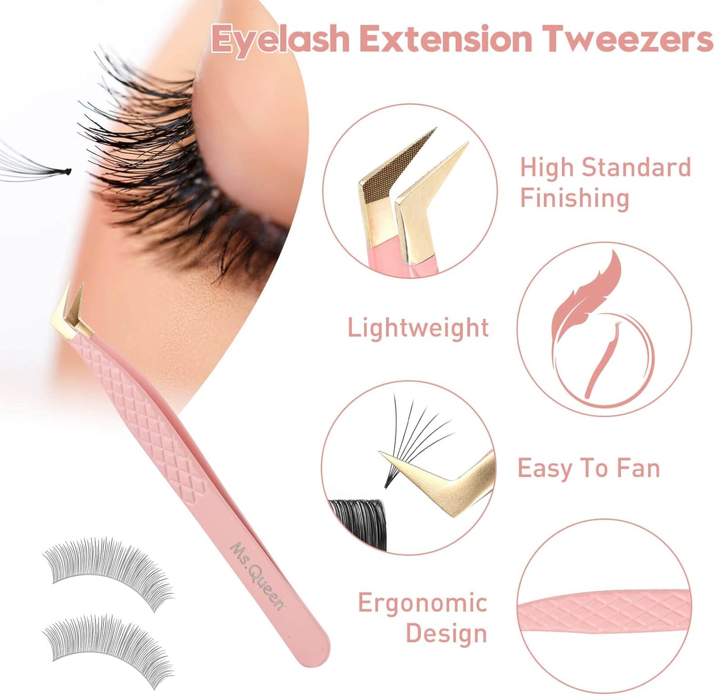 Ms.Queen Lash Extension Tweezers,2Pcs Fiber Tip Grip Boot Volume Tweezer and Dolphin Isolation Eyelash Tweezers