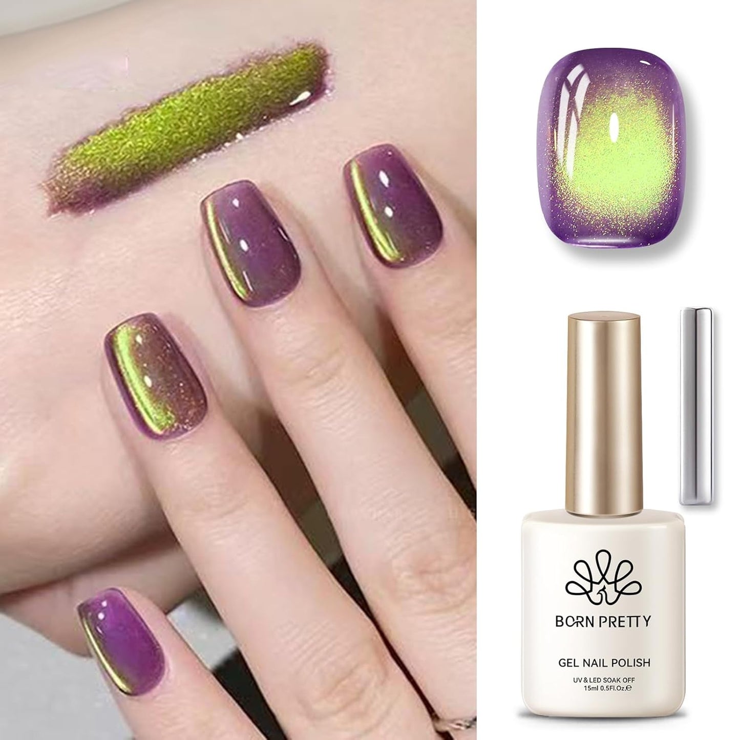 BORN PRETTY Cat Magnetic Eye Gel Nail Polish, Magenta Yellow Cat Glitter Cat Magnetic Gel Nail Polish Honey Trap Magnetic Nail Polish for Nail Art Manicure Salon DIY at Home 15ML