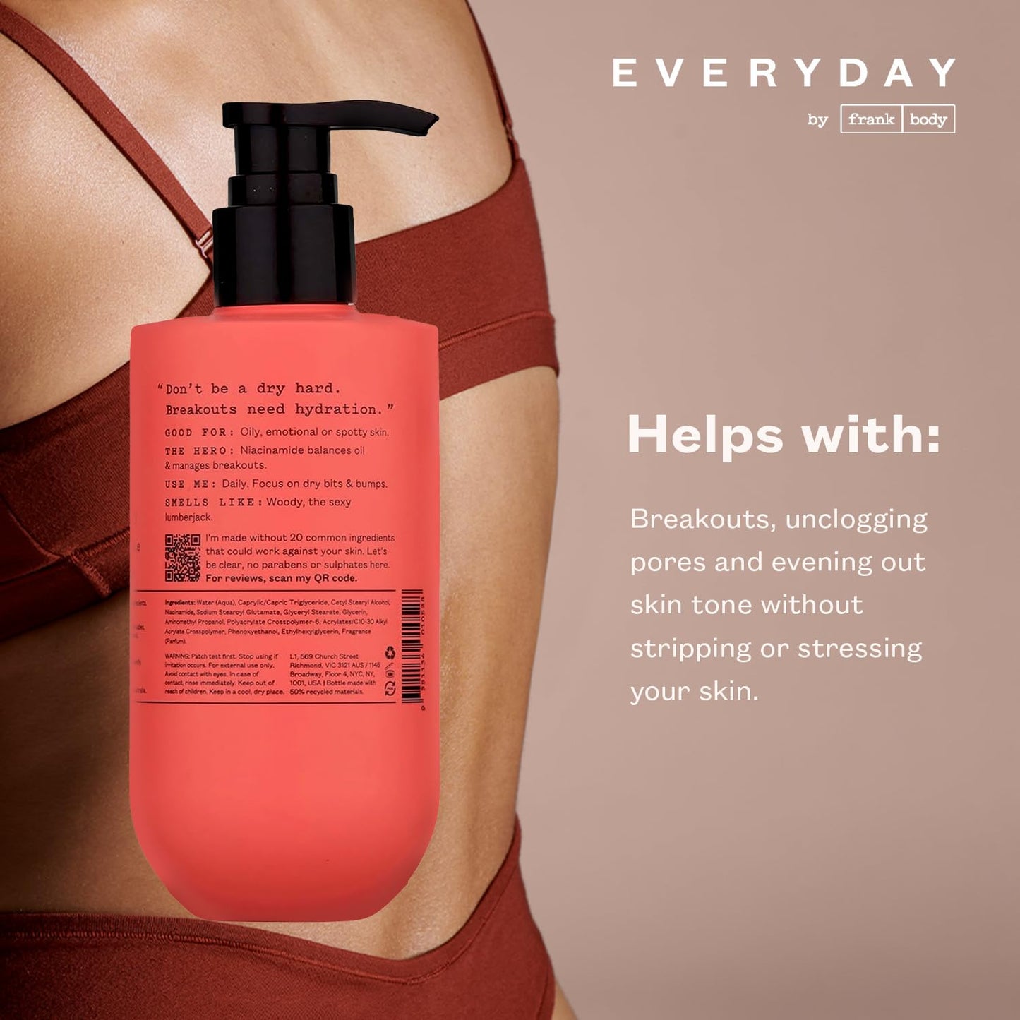 frank body Clearing Body Lotion | Fights Acne & Prevents Fine Lines | Niacinamide & Glycerin | Lightweight, Fast-Absorbing Gel-Lotion | Mandarin & Cedarwood Scent | 250ml