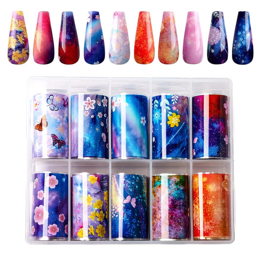 Makartt Nail Foil Sheets, 10 Rolls Transfer Nails Stickers with Starry Sky Flower Butterfly Art Designs, Adhesive Decals Supplies - 4x100cm