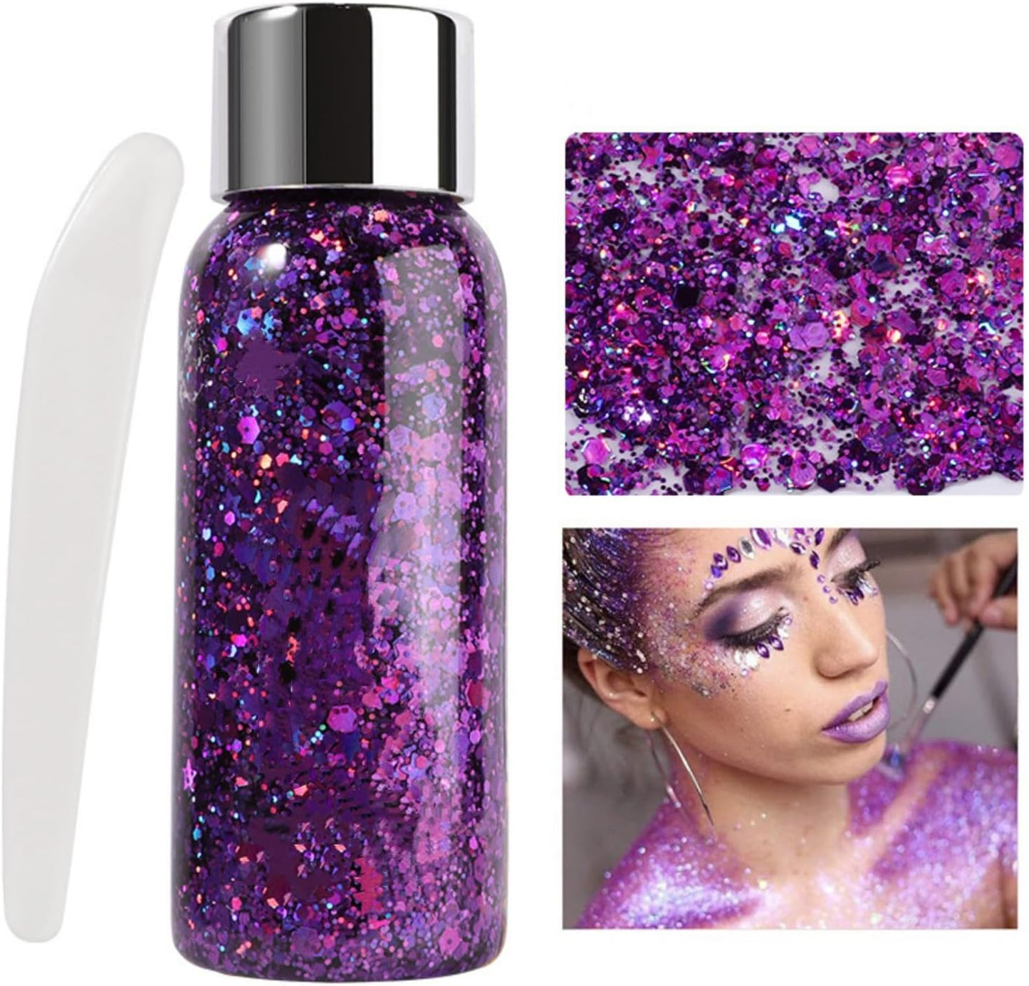 MAEPEOR Chunky Face Body Glitter Gel 19 Colors Mermaid Sequins Holographic Body Glitter Gel Long-Lasting Festival Makeup Glitter Paint for Face Body Hair Nails (30g, 06 Purple)