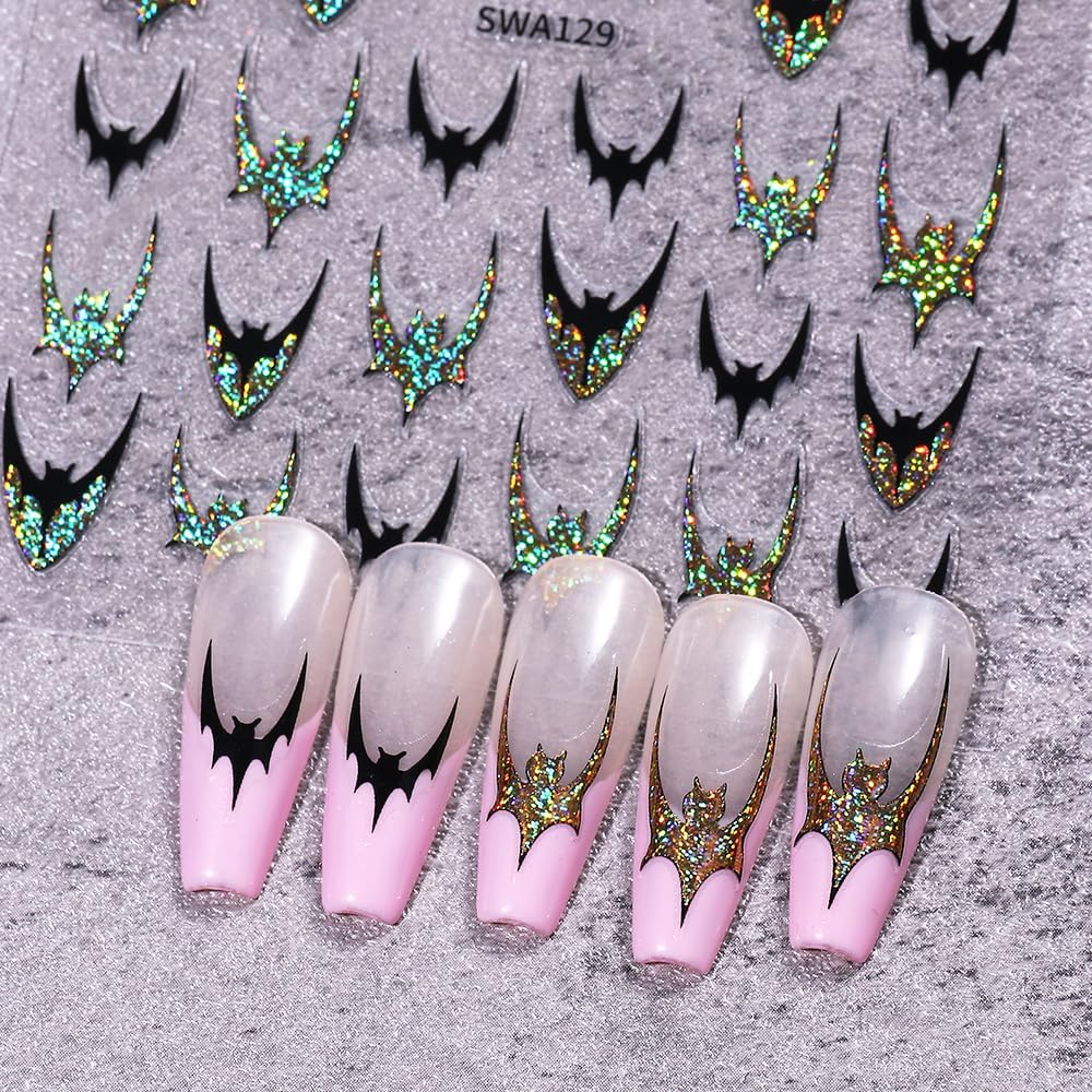 4Pcs Gothic Halloween Nail Art Stickers - Self-Adhesive Black Bat Wing Stickers, Gold/Silver/Glitters Nail Decals, Halloween Nail Art Decals for Manicure, Parties, Everyday Gothic Nail Decorations