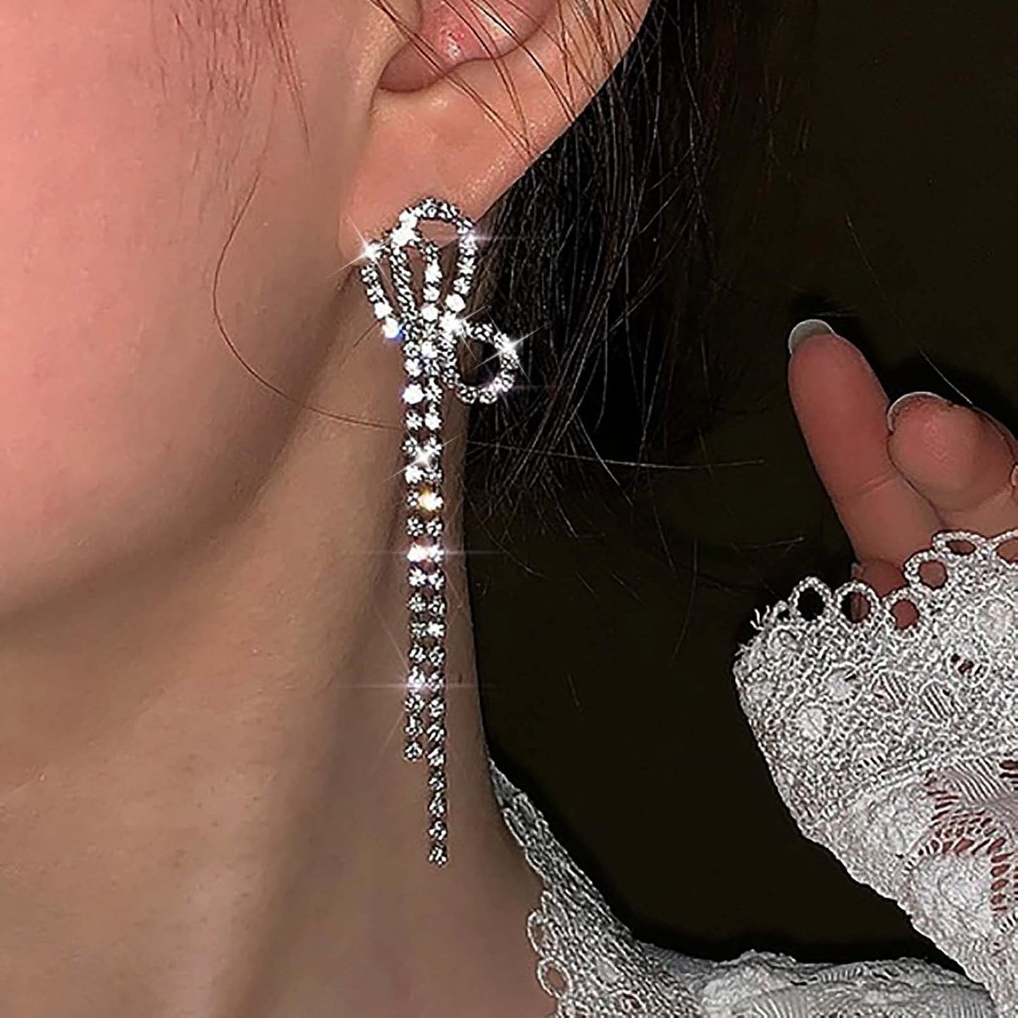 Vintage Crystal Chandelier Drop Earrings Long Rhinestone Chain Earrings Silver Cz Bow Tassel Earrings Sparkly Bridal Tennis Chain Earrings Jewelry for Women