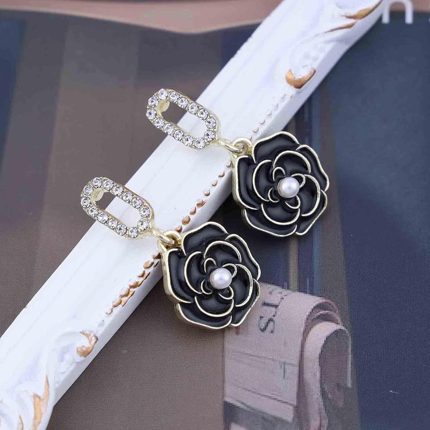 Vintage Black Crystal Flower Drop Earrings Black Flower Earrings Pearl Camellia Earrings Black Camellia Stud Earrings Jewelry for Women