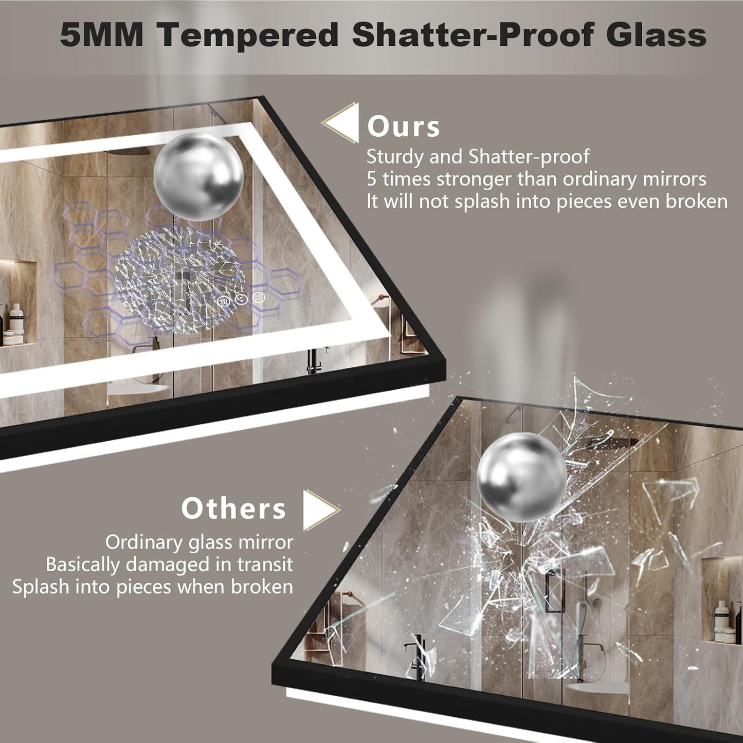 OKPAL 72x40 Framed LED Bathroom Mirror with Lights, Large Lighted Vanity Mirrors for Bathroom Wall, Dimmable, Anti-Fog, Shatter-Proof, Memory, ETL Listed (Front Light + Backlit)