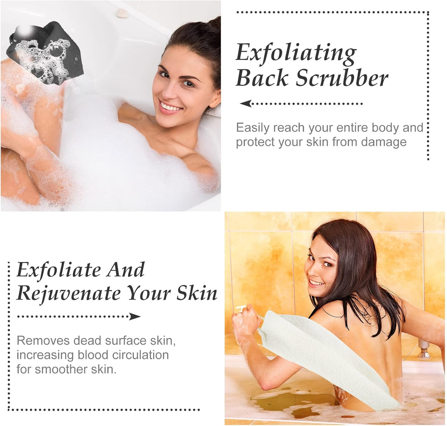 Moukeren Exfoliating Back Scrubber with Handles 4 Pack Nylon Back Exfoliator Extended Length Washers Scrubbers Stretchable Pull Strap Exfoliating Washcloth(Grey, Cream White)