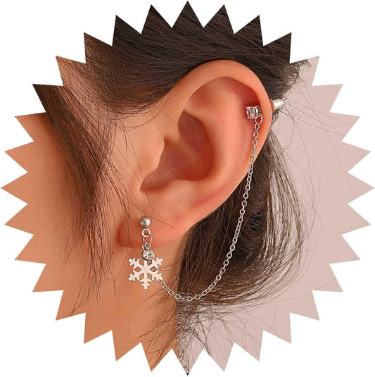 Vintage Crystal Snowflake Cuff Chain Earrings Cz Snowflake Drop Earrings Silver Rhinestone Ear Cuff Earrings Dangle Chain Wrap Cartilage Earring Jewelry for Women