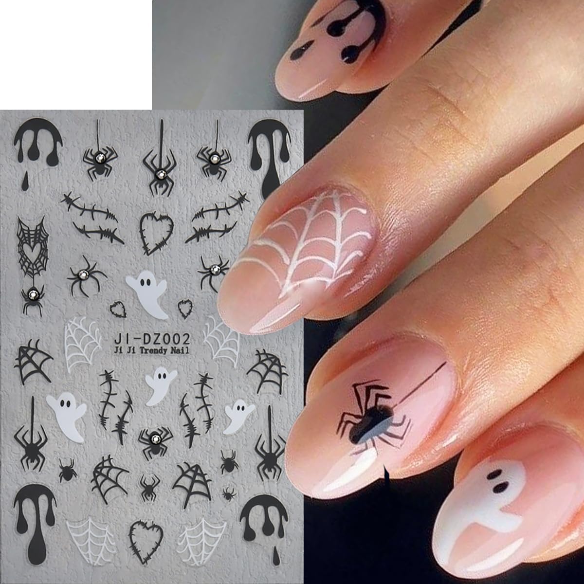 6 Sheets Nail Art Stickers Decals - White Pink Ghost Spider Bats 3D Halloween Pumpkin Skull Spider Web Self Adhesive Nail Decals for Women DIY Nail Decoration