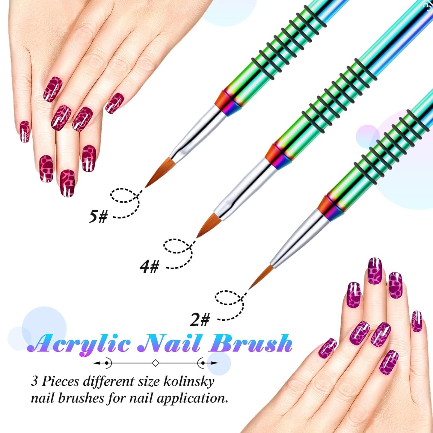 Patelai 3 Pcs Kolinsky 3D Nail Art Brush Set for Acrylic Powder Sculpture Nail Art Brush Size 2/4/5 with Rainbow Metal Nonslip Grip Handle for Acrylic Powder Application