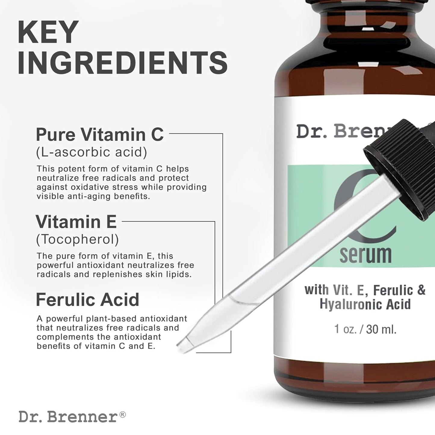 Vitamin C Serum 20% Pure L-Ascorbic Acid, Ferulic Acid, Vitamin E and Hyaluronic Acid for Face and Eyes Natural Anti Aging Anti Wrinkle 1oz. by Dr. Brenner