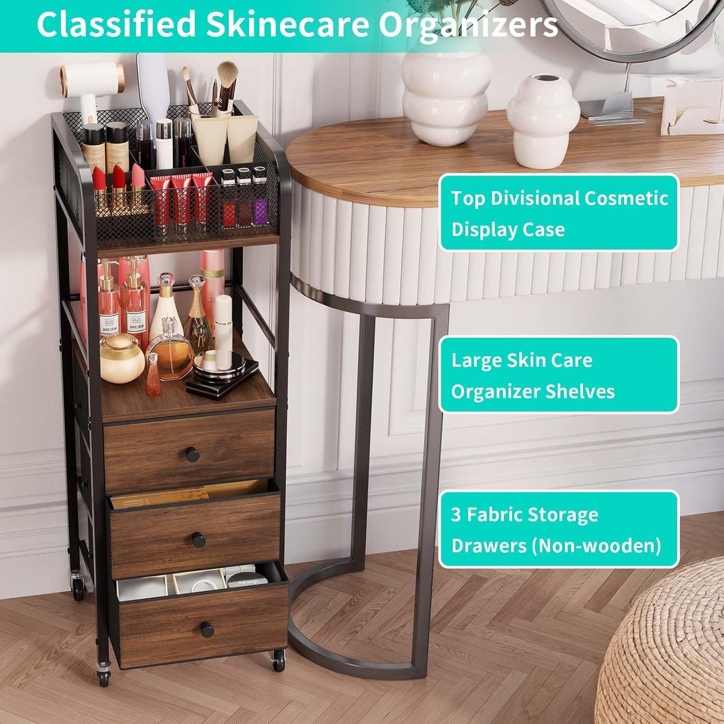 HapiRm Rolling Makeup Cart Organizer - Floor Skincare Make Up Storage with 3 Drawers, Vanity Organizer Cosmetic Display Cases Holder for Skin Care Perfume Nail Polish Brush Hair Tool