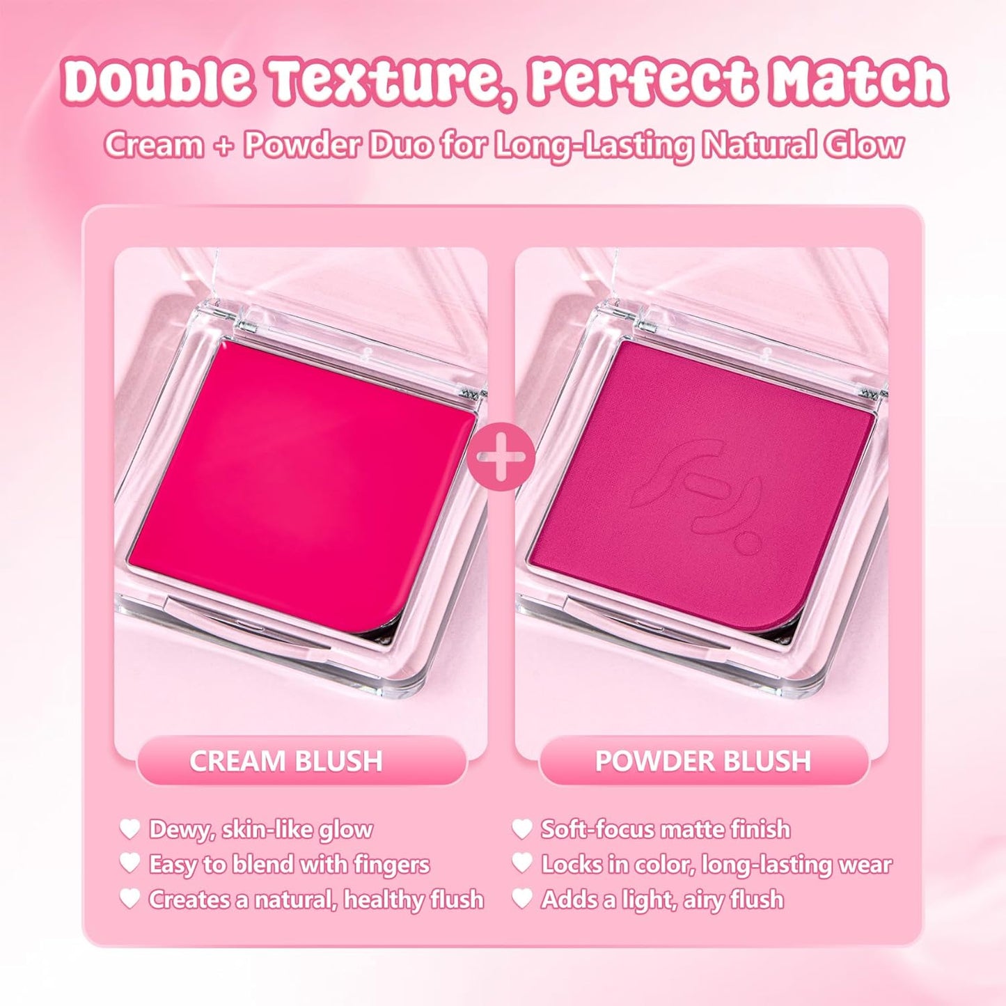 Blush Palette Duo – Cream & Powder Blush Set in Rose Red, Highly Pigmented & Blendable, Long-Wearing & Moisturizing, Skin-Friendly & Magnetic Pan, for Cheeks, Eyes & Lips (2Pack,Berry Bliss)