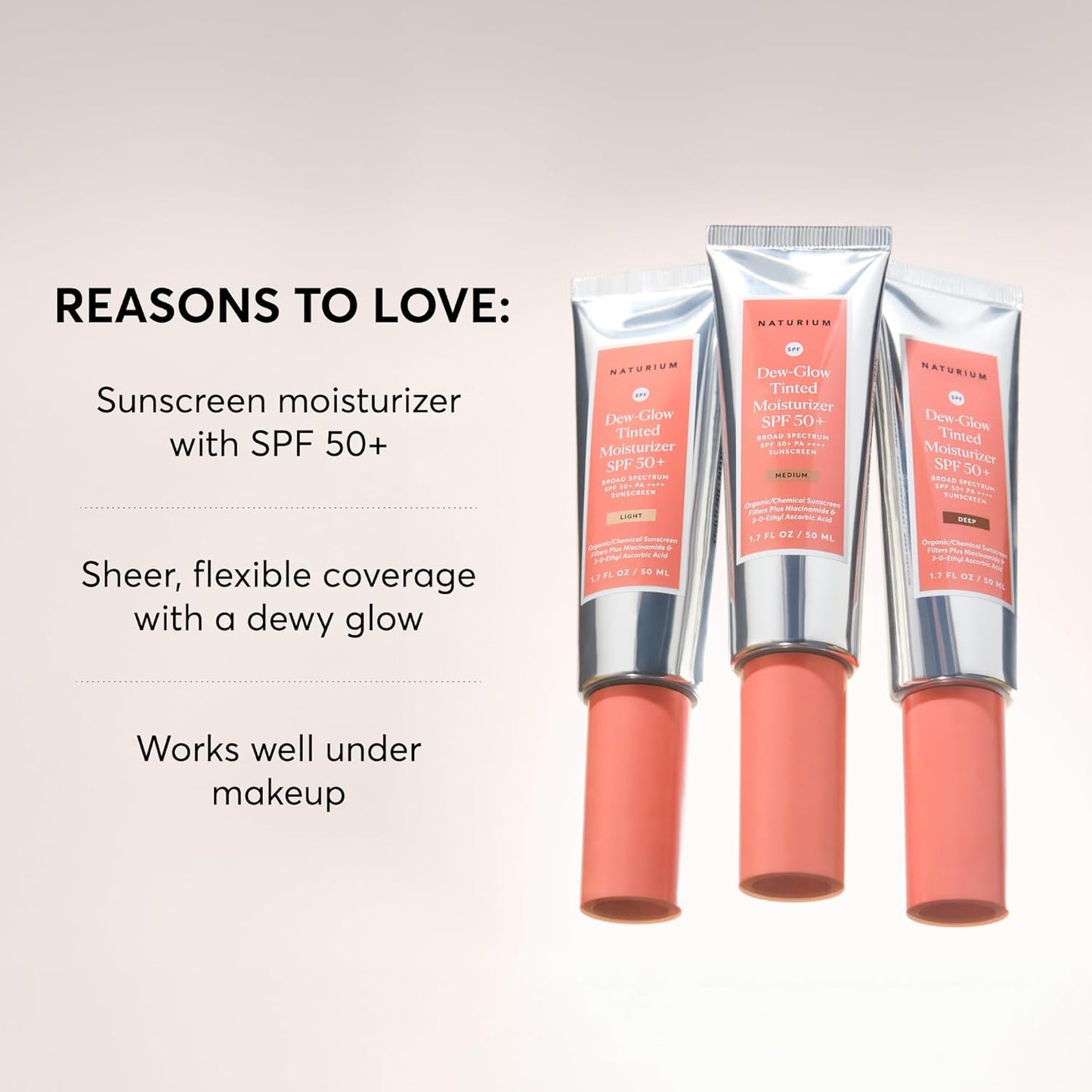 Naturium Dew-Glow Tinted Moisturizer SPF 50+ Light, Daily Moisturizing Sunscreen & Face Primer with Tint, Skin Protector with Dewy Finish, 1.7 oz