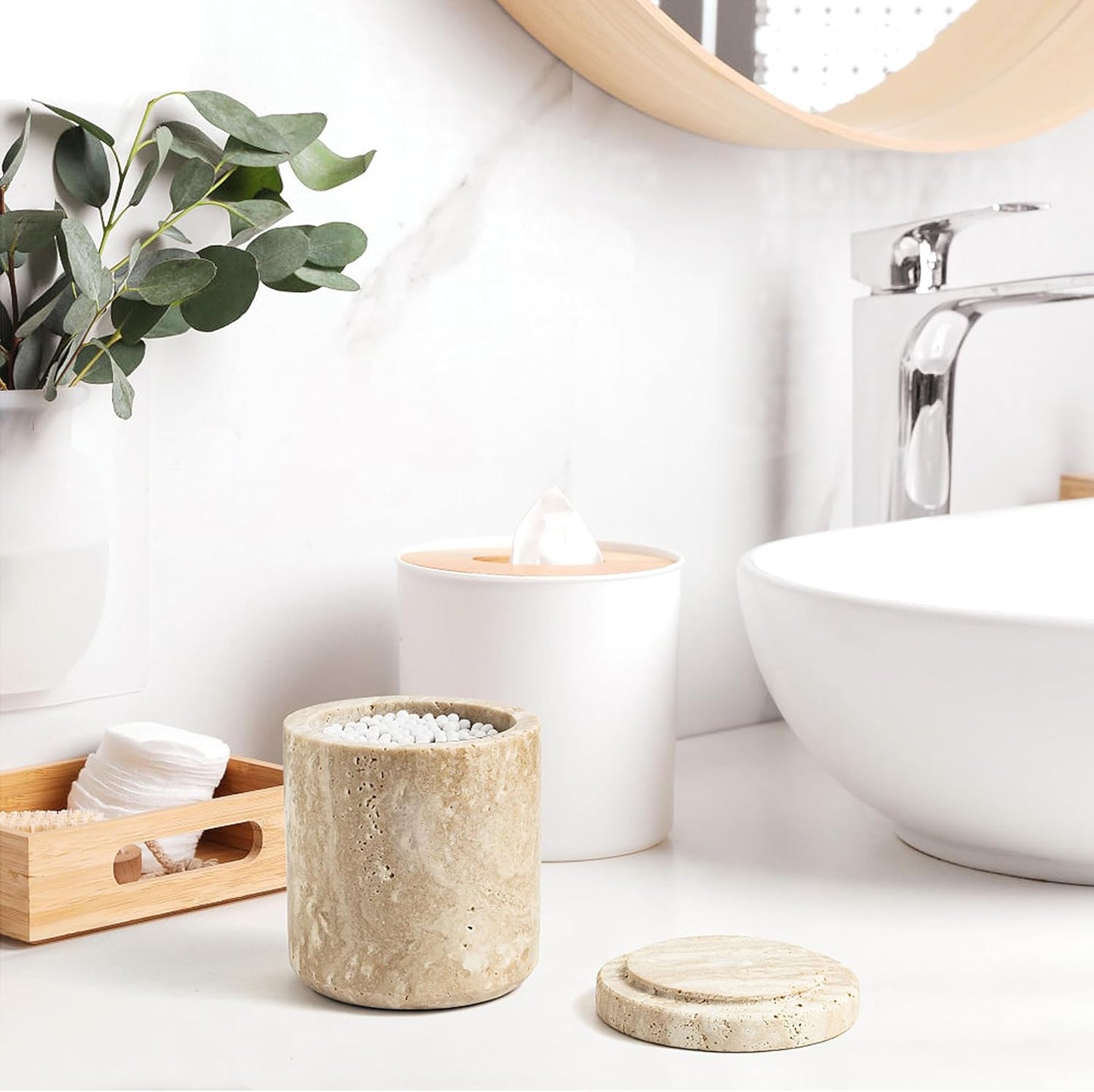 WORHE Marble Qtip Holder with Lid Natural Cotton Ball Container for Cotton Swabs,Makeup Sponges,Bath Salt Large Capacity Bathroom Canisters Jars for Countertop Storage and Organization White (WH051)