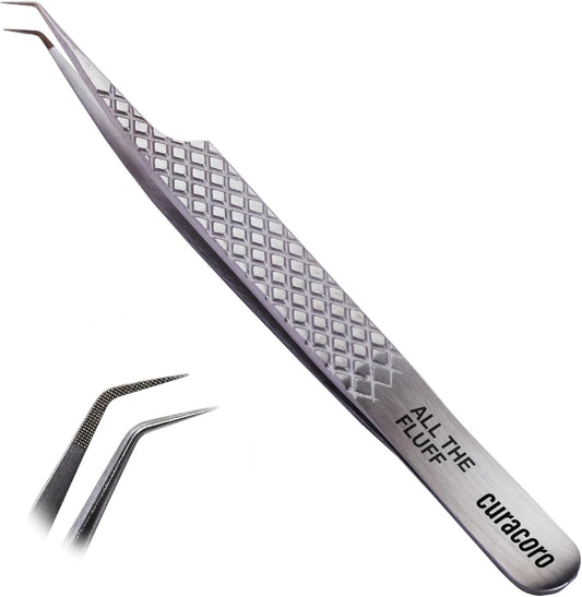 Curacoro Lash Tweezer - Professional & Precision Fiber Tip Grip Lash Tweezers for Eyelash Extensions, Multi Shapes & Purposes Tweezers for Volume, Isolation & Classic Lashes (Silver, All The Fluff)