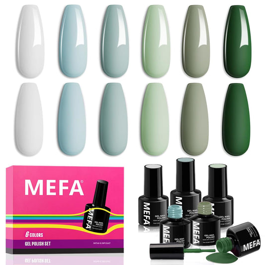 MEFA Green Gel Nail Polish Set 6 Colors, Sage Green Mist Blue Light Grey Dark Olive Shades Earth Tone Gel Polish Matcha Avocado Soak Off Nail Art Design Home Manicure Kit Gifts St. Patrick's Day