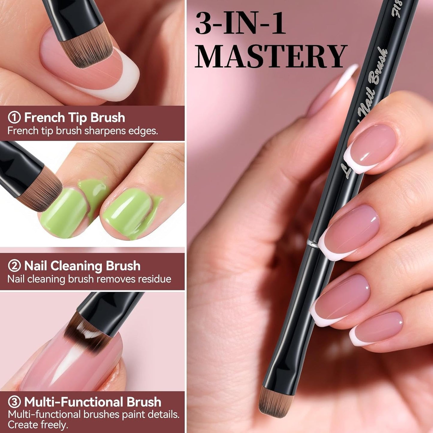 Nail Brush for French Tip, Nail Cleaning Brush for Gel & Acrylic - Professional Kolinsky Sable French Manicure Brush, Thin Nail Art Brush for Precise Clean Up & Polygel Application (Black, F18)