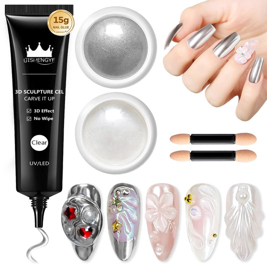 3D Gel Nail Art Design BISHENGYF - 15g Clear No Wipe Nail Polish Rhinestone Nail Art Glue with White Silver Chrome Powder Metallic Mermaid Effect Nail Powder for Nail DIY