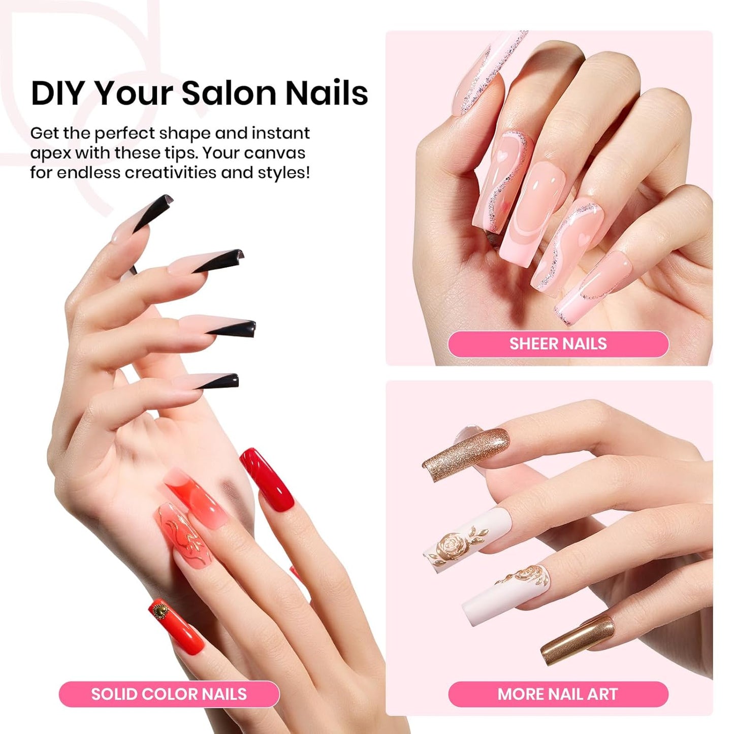 Beetles Tipex Nail Tips Kit, Long Square-C Curved Half Matte Nail Tips 224 Pcs 16 Sizes Pre Building Fake Nails with Tipex Nail Glue, Mini Nail Lamp - Thick Acrylic Nail Set