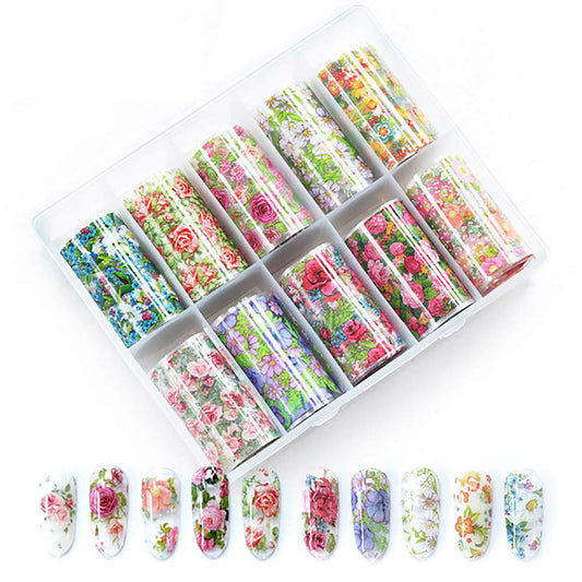 WOKOTO 10 Rolls Nail Art Foil Transfer Stickers Tips Flower Design Nail Wraps Decals Set Starry Sky Manicure Accessories (1.57inches×39.4inches)