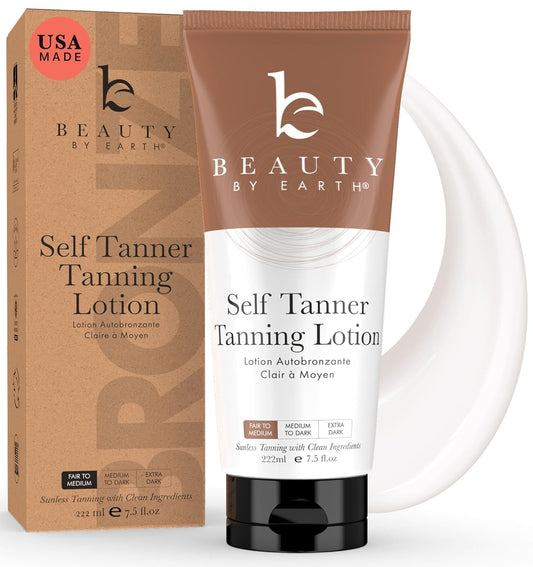 Tanning Lotion Self Tanner - USA Made with Natural and Organic Ingredients Non Toxic Sunless Browning Lotion, Best Gradual Tanner for Men and Women, Streak-Free Fake Tan, Fair to Medium