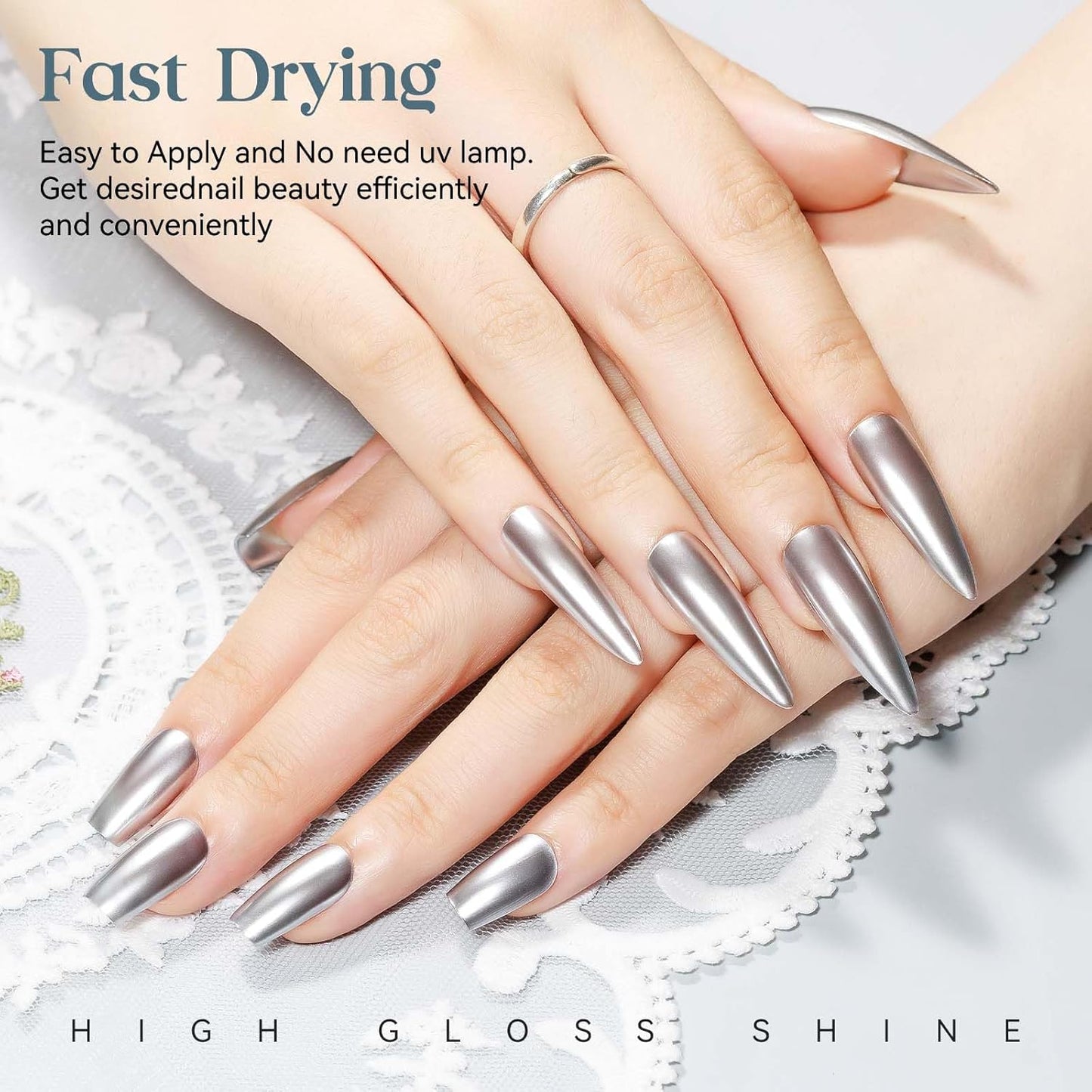 MIZHSE Silver Mirror Nail Polish, Quick Dry Metallic Nail Polish, Air Dry Fast Chrome Nail Lacquer Bright Color Oil-based Nail Art Manicure Home DIY