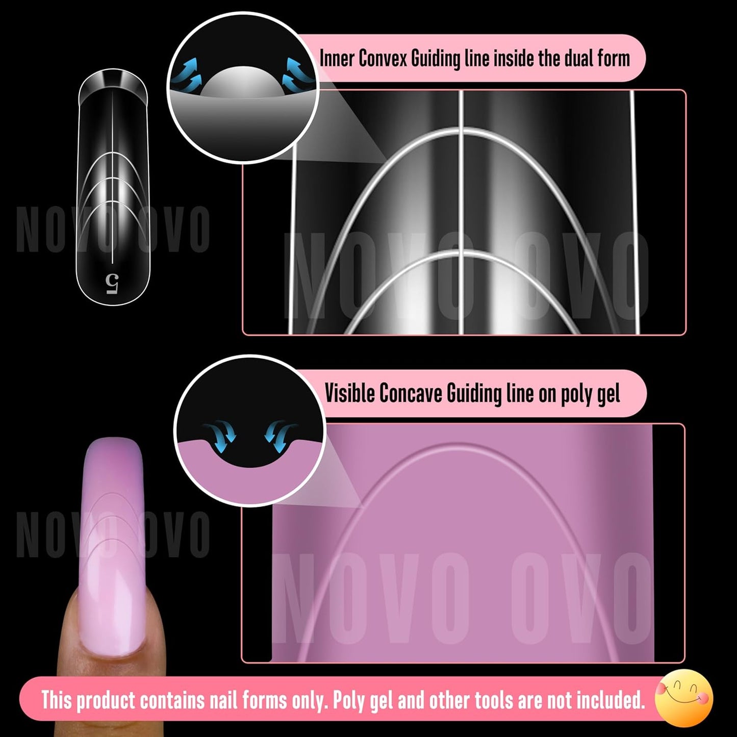 Helloween Curved Square Nail Dual Forms for Poly Gel Extension with Guiding Line Inside, M L XL Reusable Full Cover Acrylic/Builder/Hard Gel Polygel Molds for Salon DIY x 15 sizes 150 Pcs