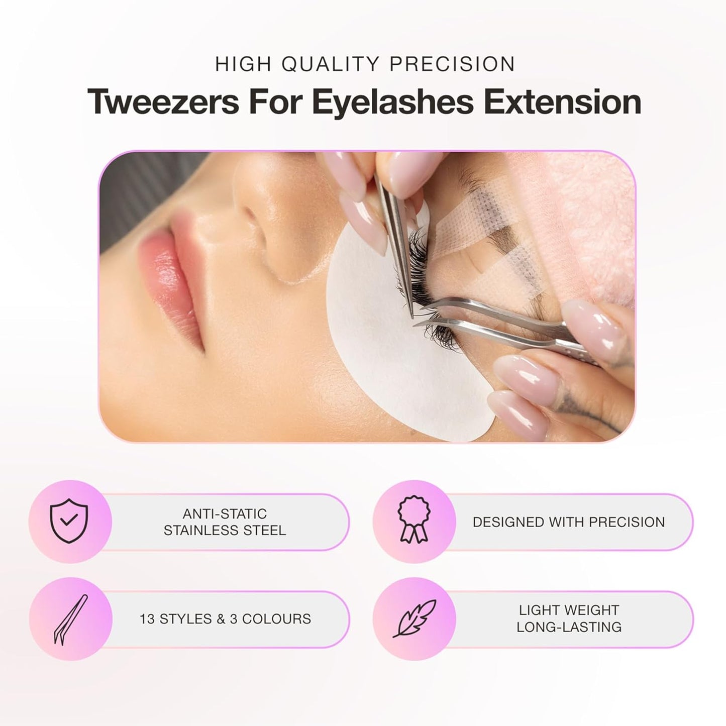 Curacoro Lash Tweezer - Professional & Precision Fiber Tip Grip Lash Tweezers for Eyelash Extensions, Multi Shapes & Purposes Tweezers for Volume, Isolation & Classic Lashes (Silver, All The Fluff)