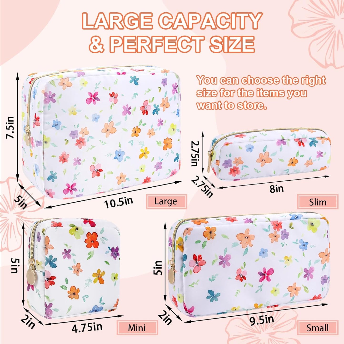 Waterproof Large Floral Makeup Pouch,Nylon Travel Toiletry Storage Purse Preppy Cosmetic Bag for Women Girl,Large Capacity Makeup Organizer Zipper Pouch for Work(L Colorful-Flowers)