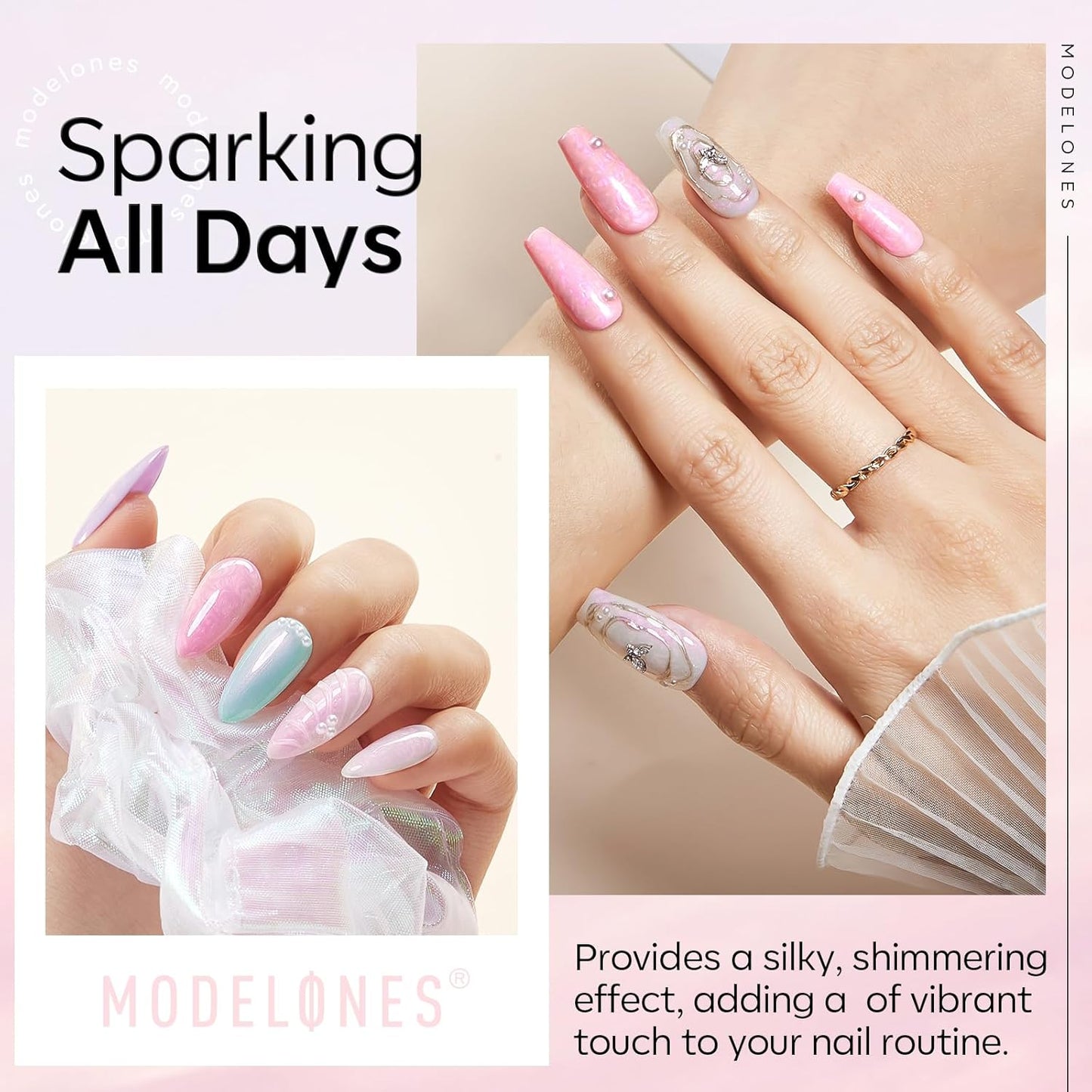 modelones Pearl Gel Nail Polish Top Coat, 2-in-one Clear Pearlescent Glitter Glossy Sparkle Finish Long Lasting Soak Off Mermaid Shimmer Manicure Nail Art Home Salon DIY 10 ML