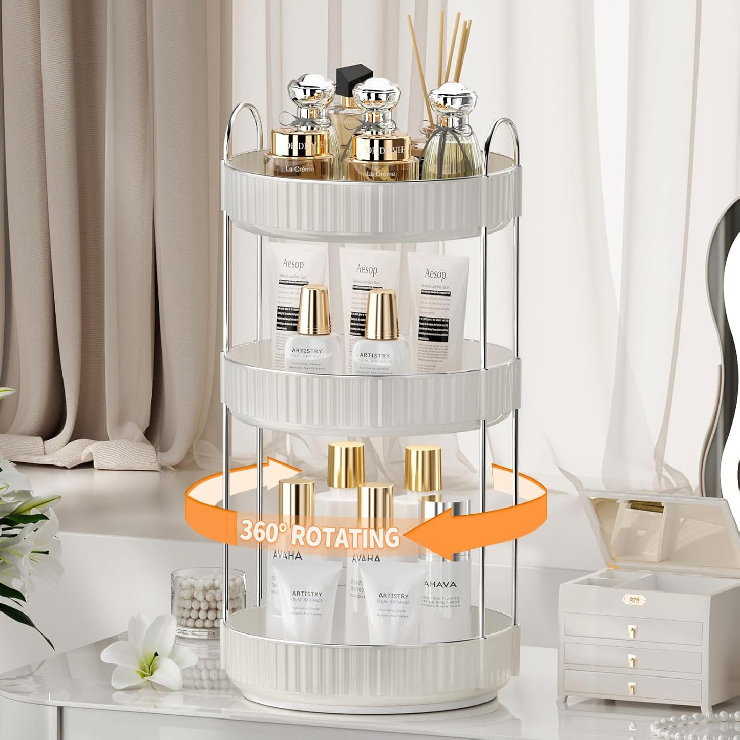 Rotating Makeup Organizer for Vanity,3 Tier High-Capacity Skincare Clear Make Up Storage Perfume Organizers Cosmetic Dresser Organizer Countertop 360 Spinning