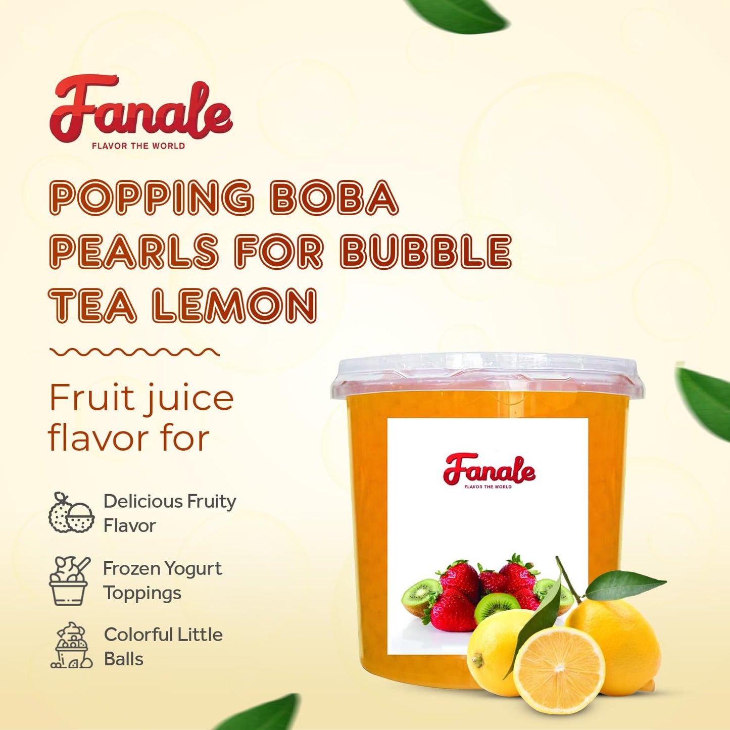 Fanale Lemon Popping Boba Pearls, Vegan, Non GMO, Gluten Free, Fat Free, Perfect for Bubble Tea, Smoothies, Ice Cream, Desserts, and Beverages.