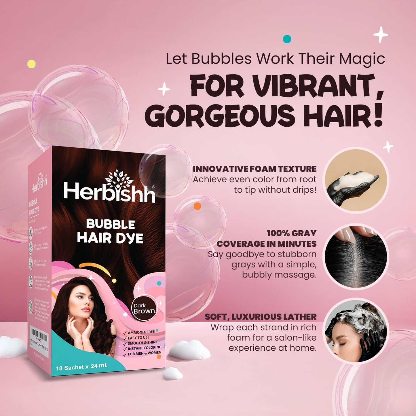 Herbishh Bubble Foam Hair Dye Shampoo, 3 in 1 Dye for 100% Grey Coverage, Permanent Hair Coloring for Men & Women, Long-lasting & Travel-friendly, Ammonia-free, 10 Sachet x 24 ml (Dark Brown)