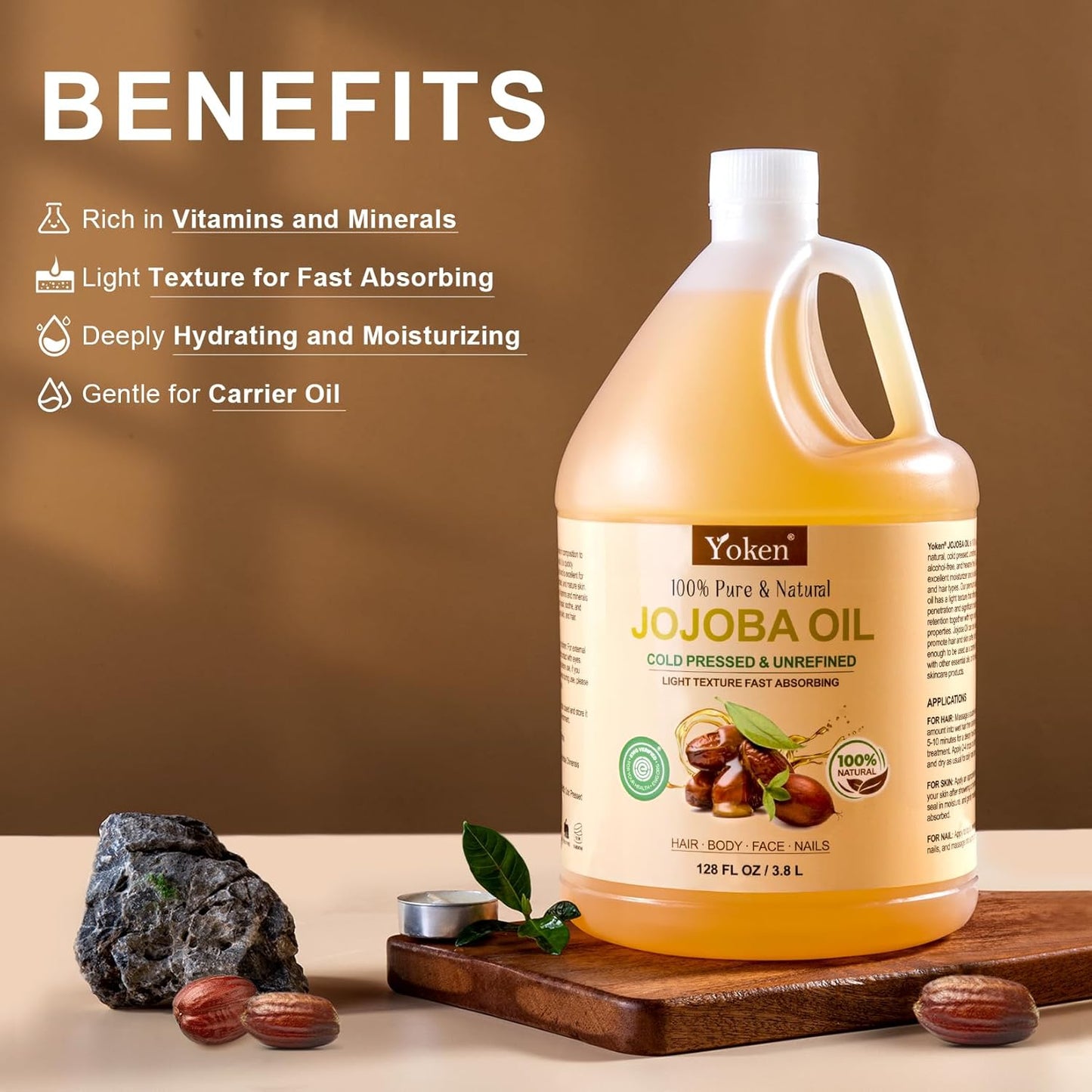 Yoken 1 Gallon Jojoba Oil EWG Verified - 100% Pure Jojoba Oils Bulk Cold Pressed Unrefined Hexane Free Virgin Golden jojoba Carrier Oil for Hair Skin Massage DIY Natural Body Moisturizer