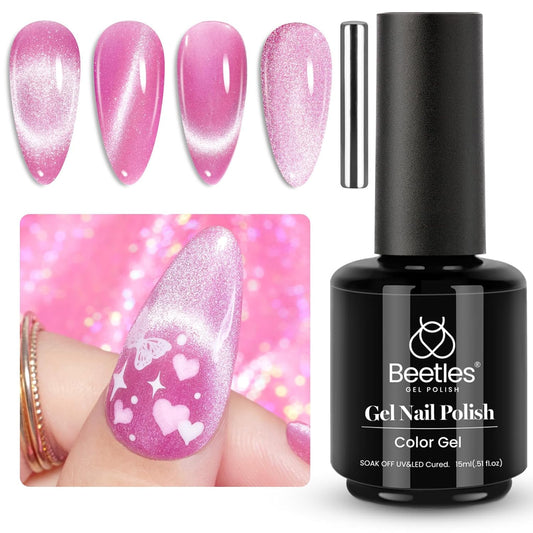 Beetles Pink Cat Eye Gel Nail Polish - 15ml Pink Velvet Cat Eye Magnetic Glitter Gel Polish Soak Off UV Salon DIY French Nail Art Home Manicure Gift for Women