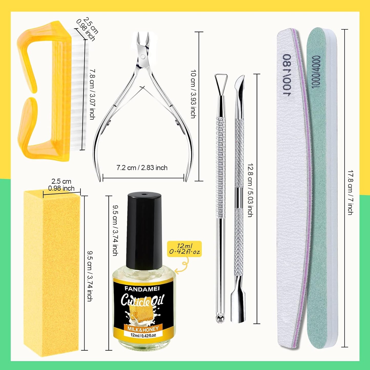 FANDAMEI Nail Buffer and File, Nail Care Kit with 3PCS Nail Files, 2PCS Nail Buffers, Rectangular Nail Buffer Block, Cuticle Nipper, Cuticle Pusher, Peeler. Cuticle Oil Milk and Honky Nail Manicure