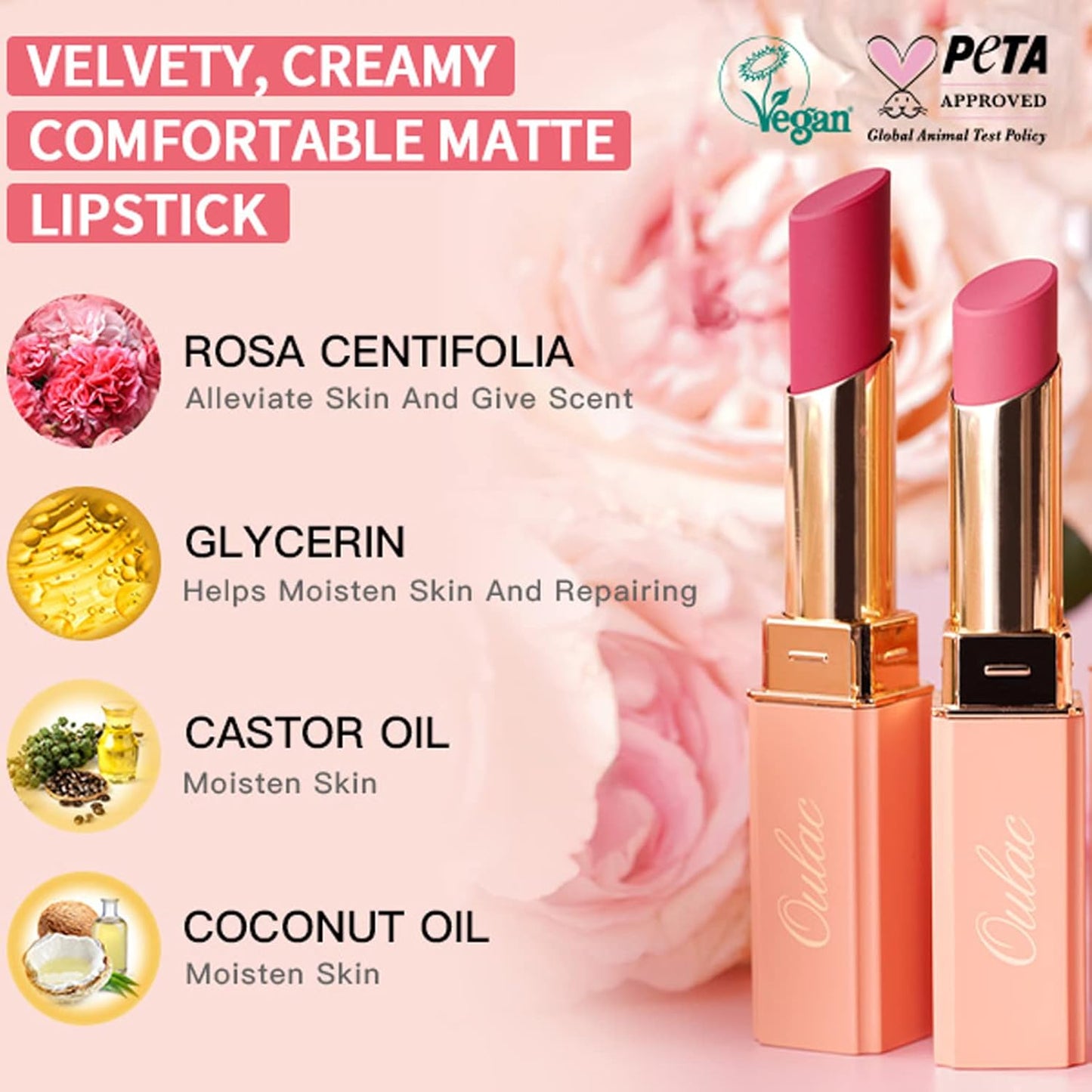 Oulac Nude Matte Lipstick for Women, Lipstick & Blush Duo, Peach Creamy Soft Satin Finish Lipsticks,Moisturising Formula,Rich Color Lightweight, Rose Oil,Vegan & Cruelty-Free| 3.6g (Y12