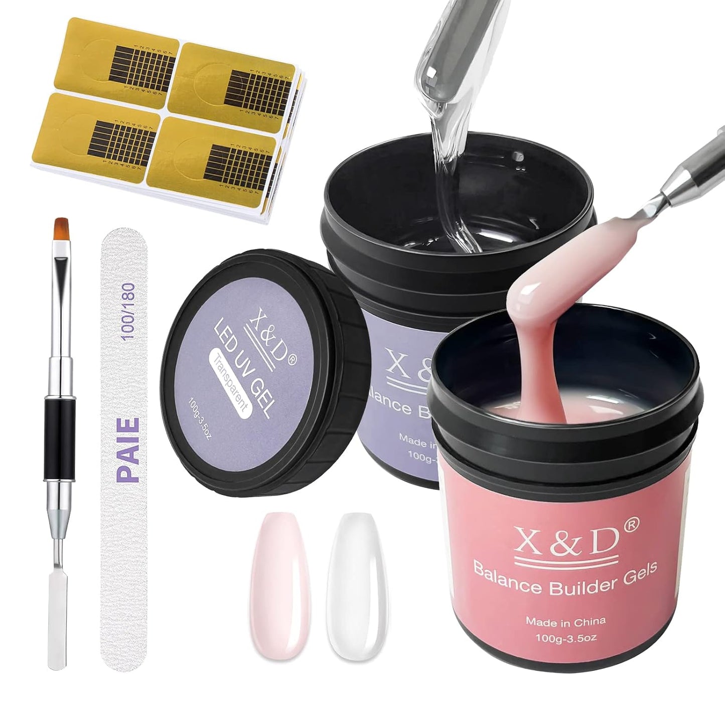 X&D Gel Nail Polish Kit - UV Polygel 2 Bottles Quick Dry 100g Natural Clear Color Nail Extension with Nail Forms, File, Acrylic Brush (Transparent & Nude Pink)