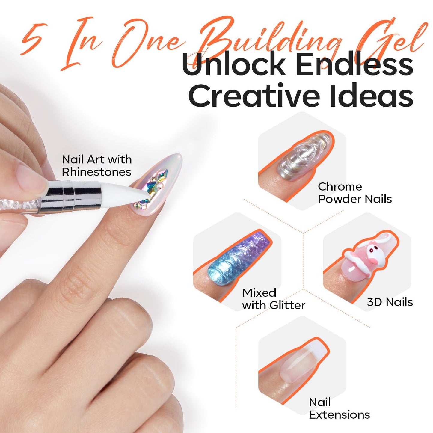 modelones 3D Gel Nail Art Kit, Hard Sculpting Gel for Nail Art Extensions & Molding Non-Sticky for Chrome Powder, Nails Glitter Polish Salon or Home DIY Manicure Cured Needed