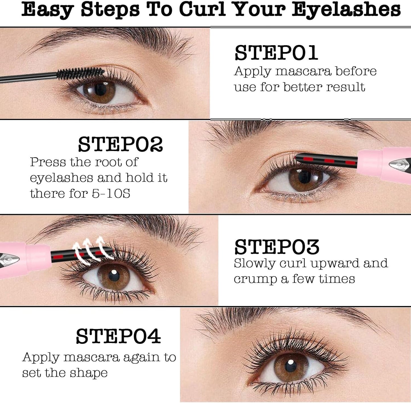 Heated Eyelash Curlers, Heated Lash Curler Rechargeable Eyelash Curler Natural 24 Hours Long-Lasting, Electric Eye Lash Curler Heat with 3 Temp Settings Tool for Girls, Pink