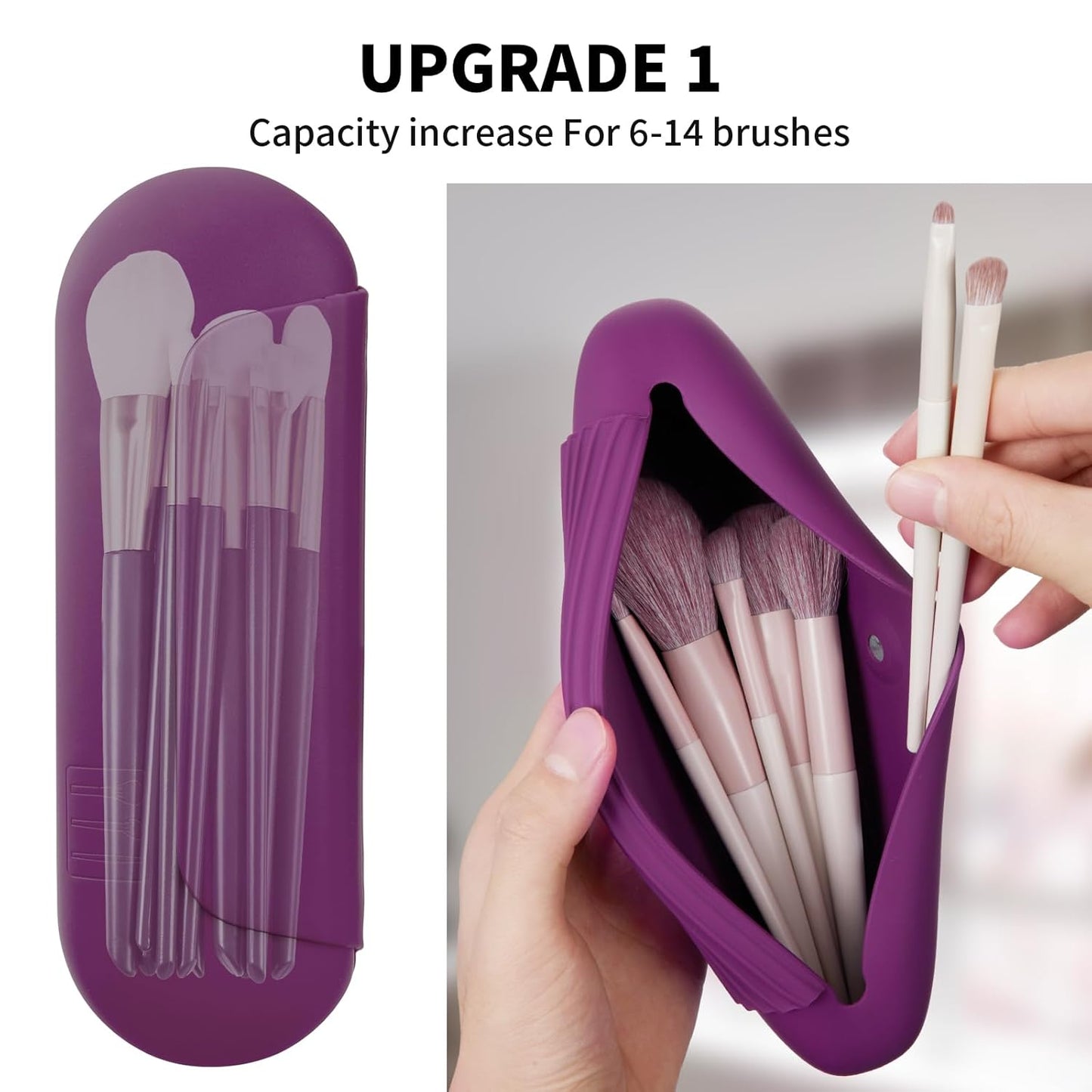 Silicone Makeup Brush Holder Travel Cosmetic Bag：Soft Portable Cosmetic Face Brushes Holder with Upgrade Anti-Fall Out Magnetic Closure, Large Travel Makeup Brush Case - Dark Pruple